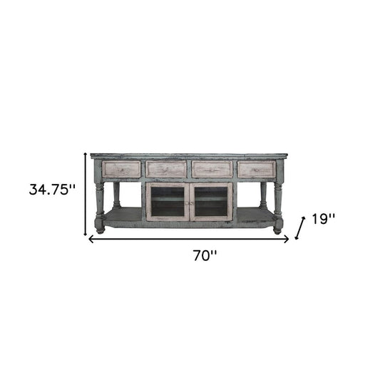 70" Blue and White Solid Wood Open shelving Distressed TV Stand HomeRoots