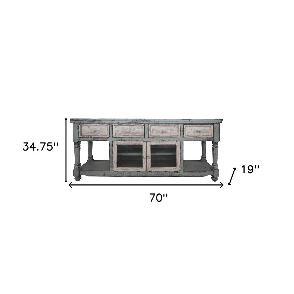 70" Blue and White Solid Wood Open shelving Distressed TV Stand HomeRoots