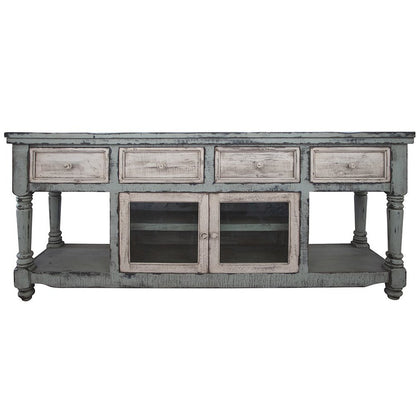70" Blue and White Solid Wood Open shelving Distressed TV Stand HomeRoots