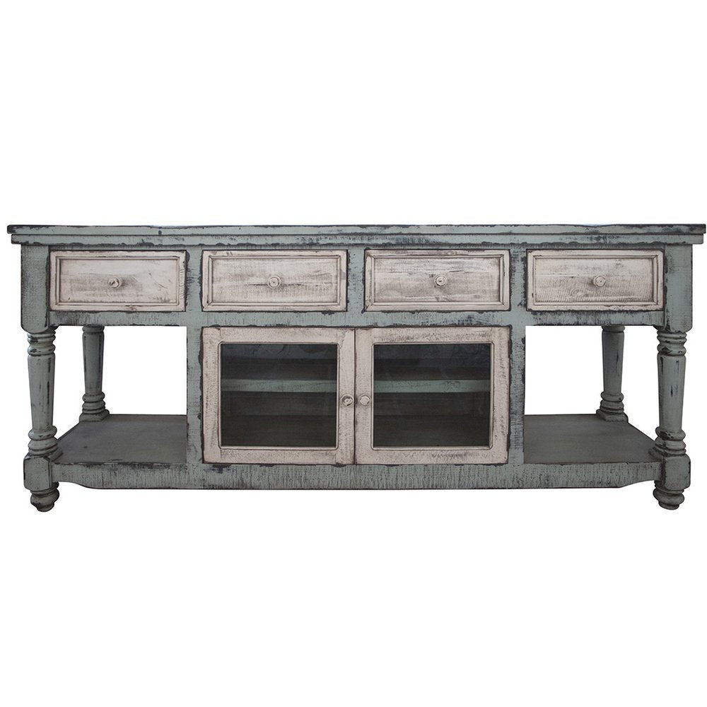 70" Blue and White Solid Wood Open shelving Distressed TV Stand HomeRoots