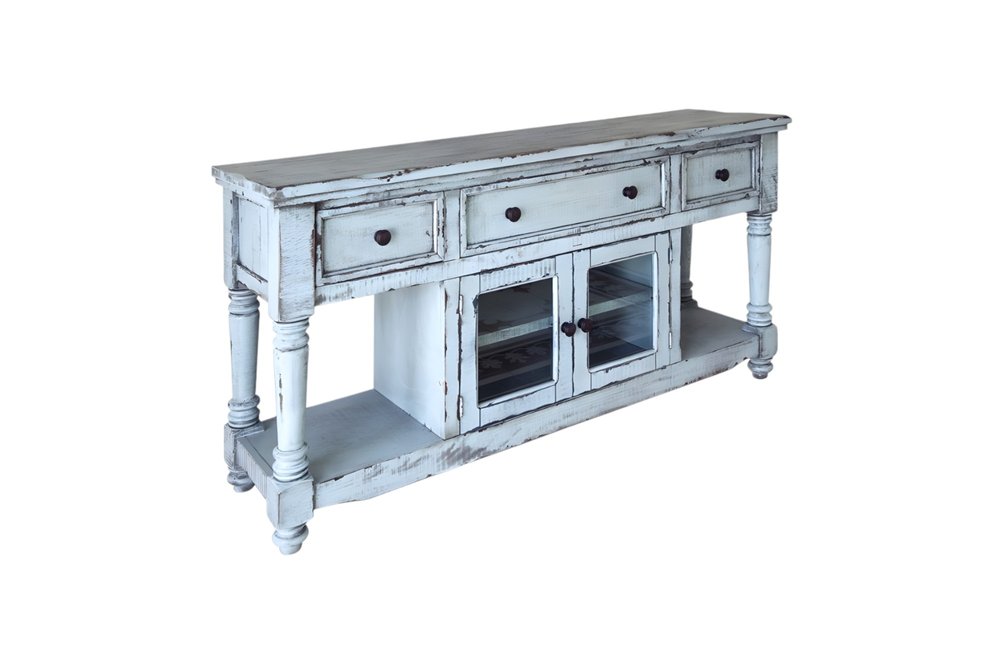 70" Blue Solid Wood Open shelving Distressed TV Stand HomeRoots