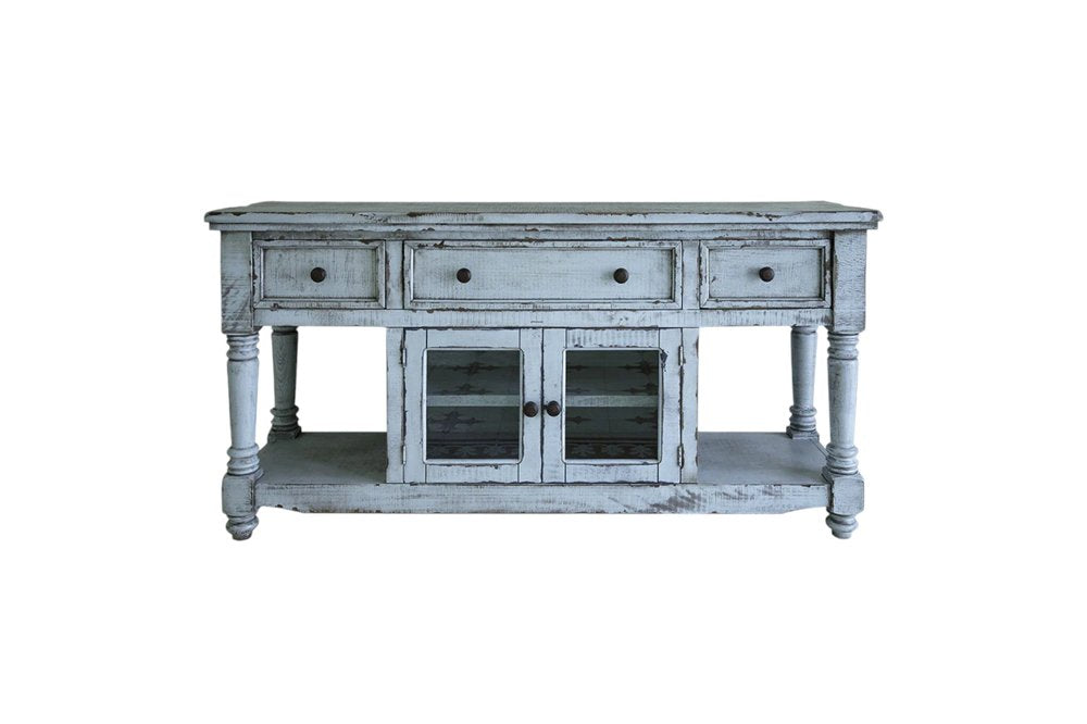 70" Blue Solid Wood Open shelving Distressed TV Stand HomeRoots
