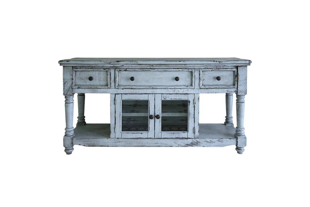 70" Blue Solid Wood Open shelving Distressed TV Stand — view 6