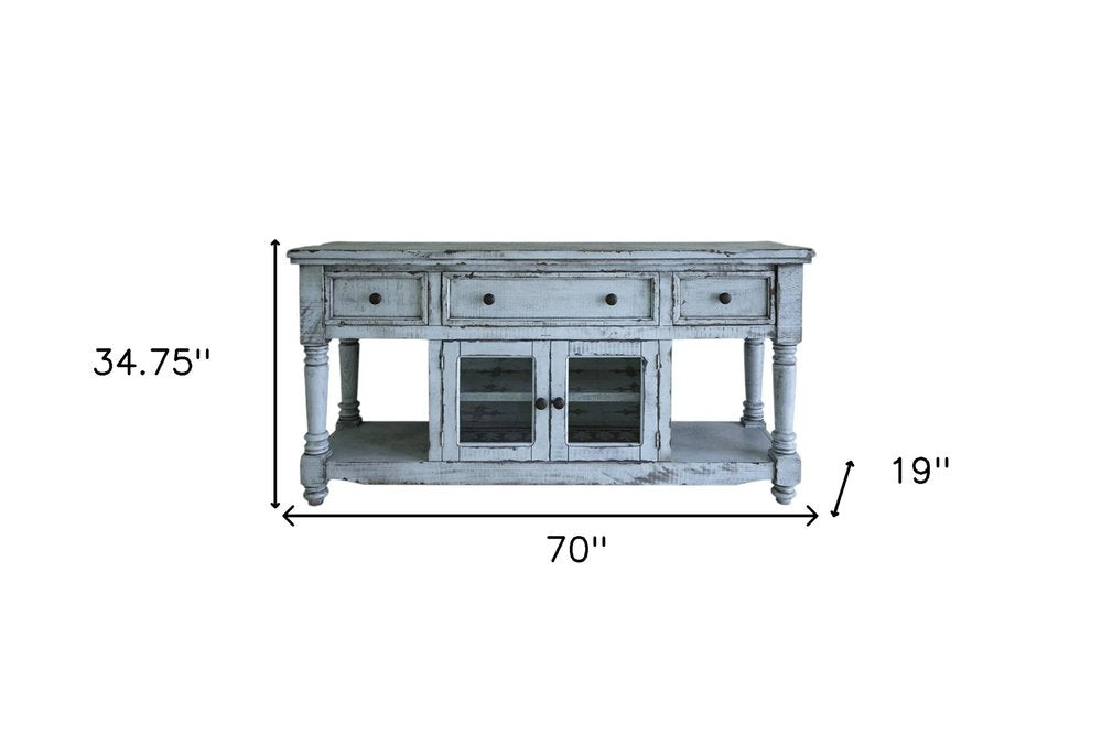70" Blue Solid Wood Open shelving Distressed TV Stand HomeRoots