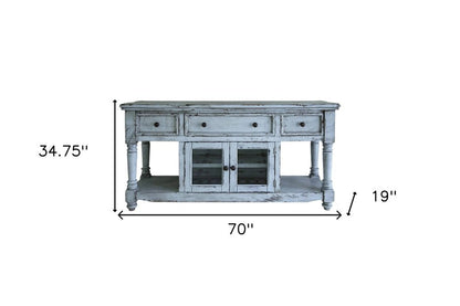 70" Blue Solid Wood Open shelving Distressed TV Stand HomeRoots