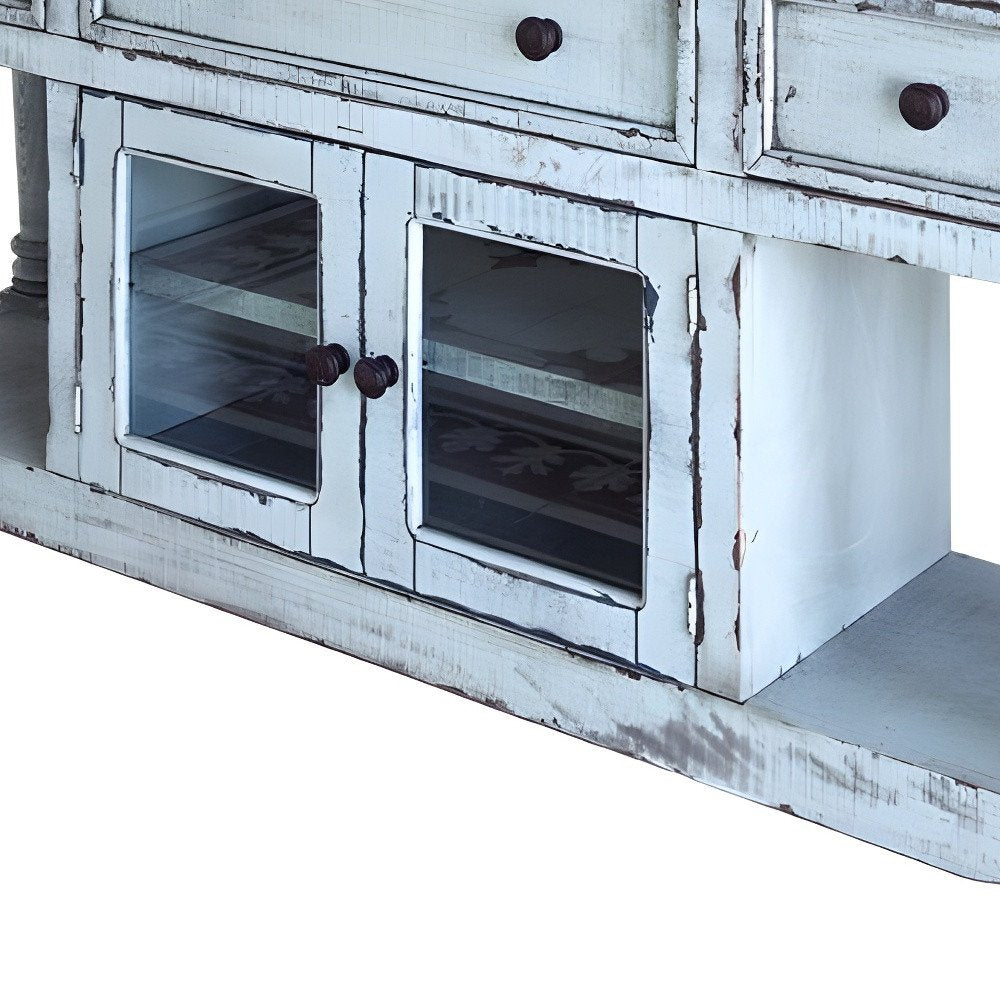 70" Blue Solid Wood Open shelving Distressed TV Stand HomeRoots
