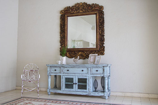 70" Blue Solid Wood Open shelving Distressed TV Stand HomeRoots