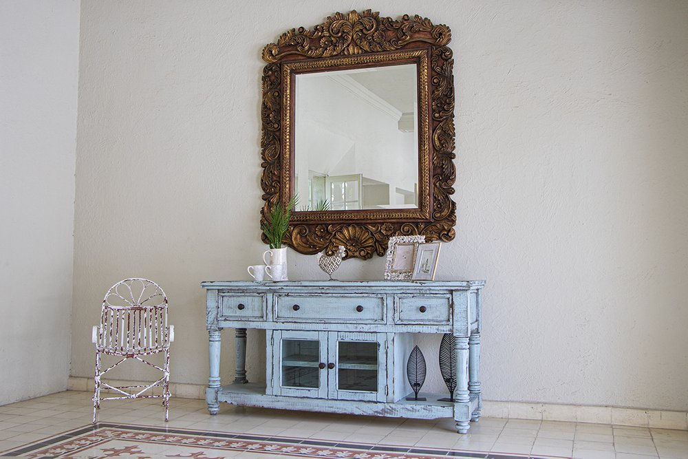 70" Blue Solid Wood Open shelving Distressed TV Stand HomeRoots