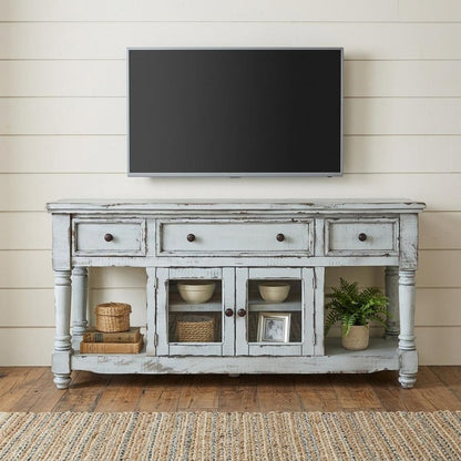 70" Blue Solid Wood Open shelving Distressed TV Stand HomeRoots