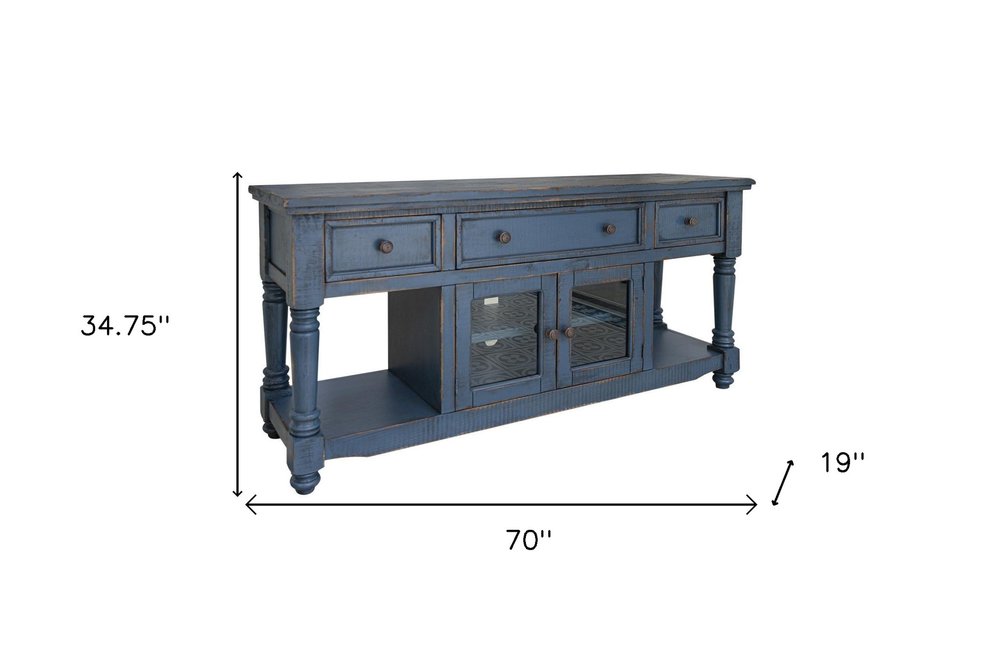 70" Blue Mango Solid Wood Open shelving Distressed TV Stand HomeRoots
