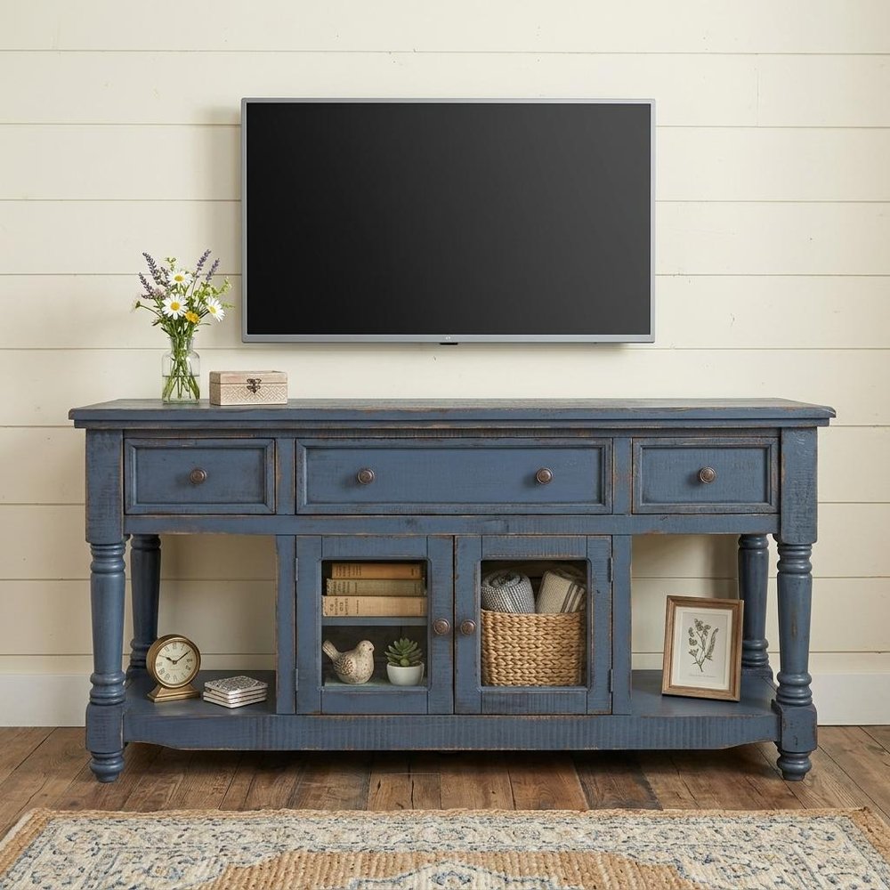 70" Blue Mango Solid Wood Open shelving Distressed TV Stand HomeRoots