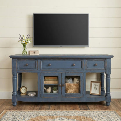 70" Blue Mango Solid Wood Open shelving Distressed TV Stand HomeRoots
