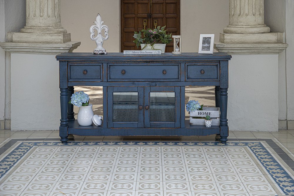 70" Blue Mango Solid Wood Open shelving Distressed TV Stand HomeRoots