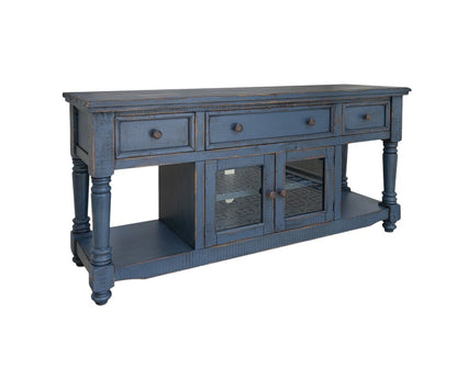 70" Blue Mango Solid Wood Open shelving Distressed TV Stand HomeRoots