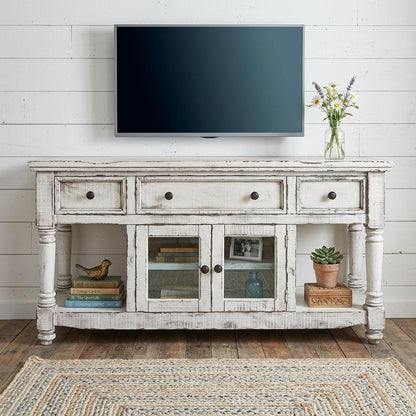 70" White Solid Wood Open shelving Distressed TV Stand HomeRoots