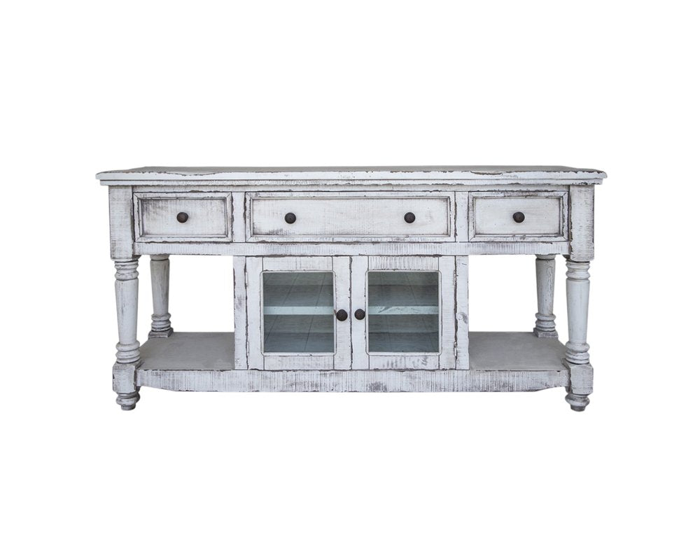 70" White Solid Wood Open shelving Distressed TV Stand — view 2