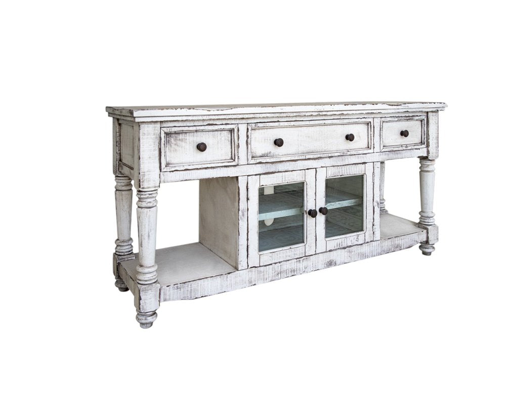 70" White Solid Wood Open shelving Distressed TV Stand — view 4