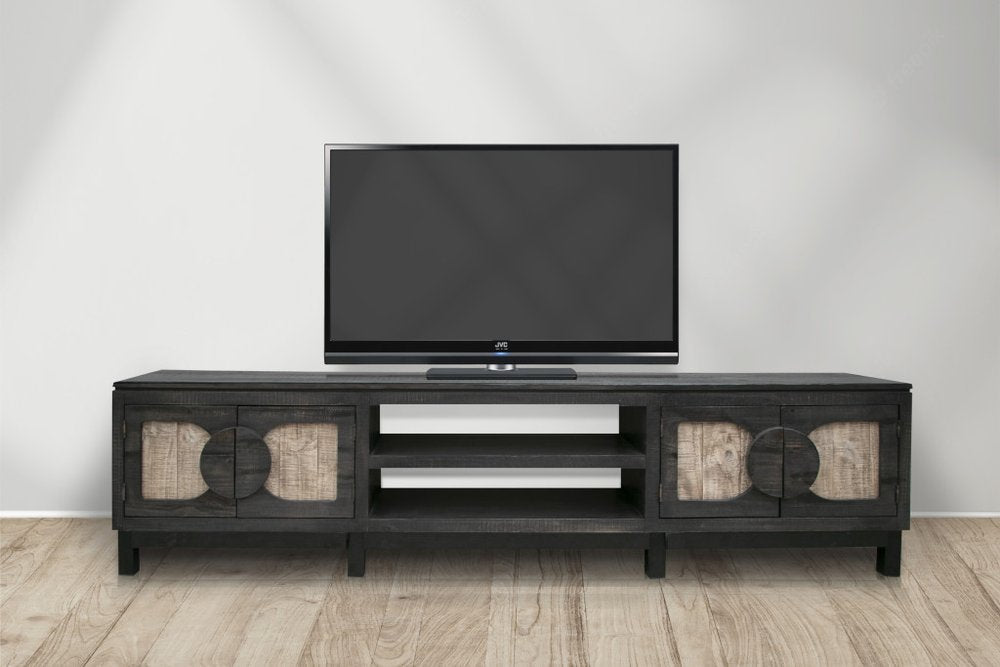 93" Black Solid Wood Cabinet Enclosed Storage Distressed TV Stand HomeRoots