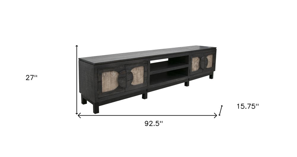 93" Black Solid Wood Cabinet Enclosed Storage Distressed TV Stand HomeRoots