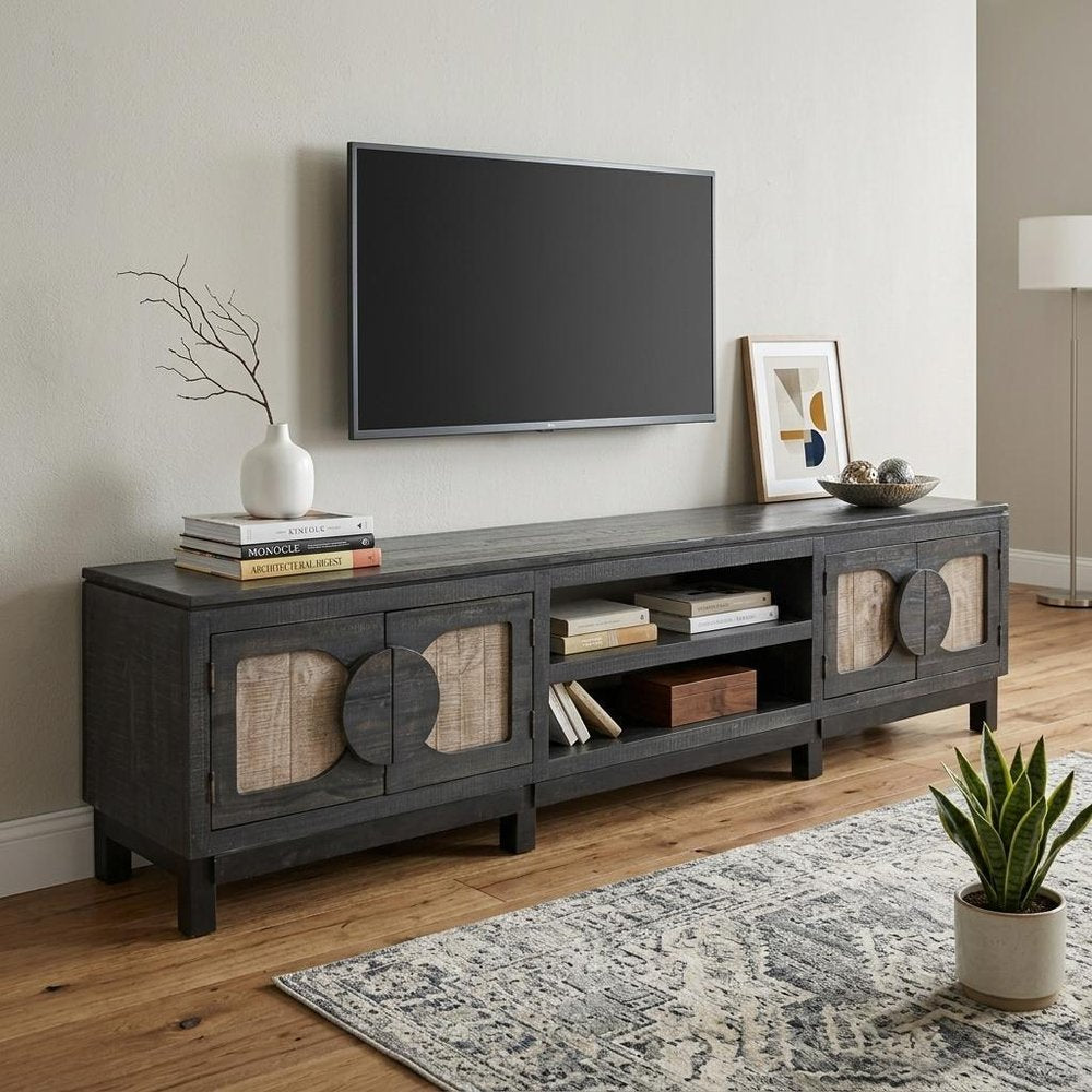 93" Black Solid Wood Cabinet Enclosed Storage Distressed TV Stand HomeRoots