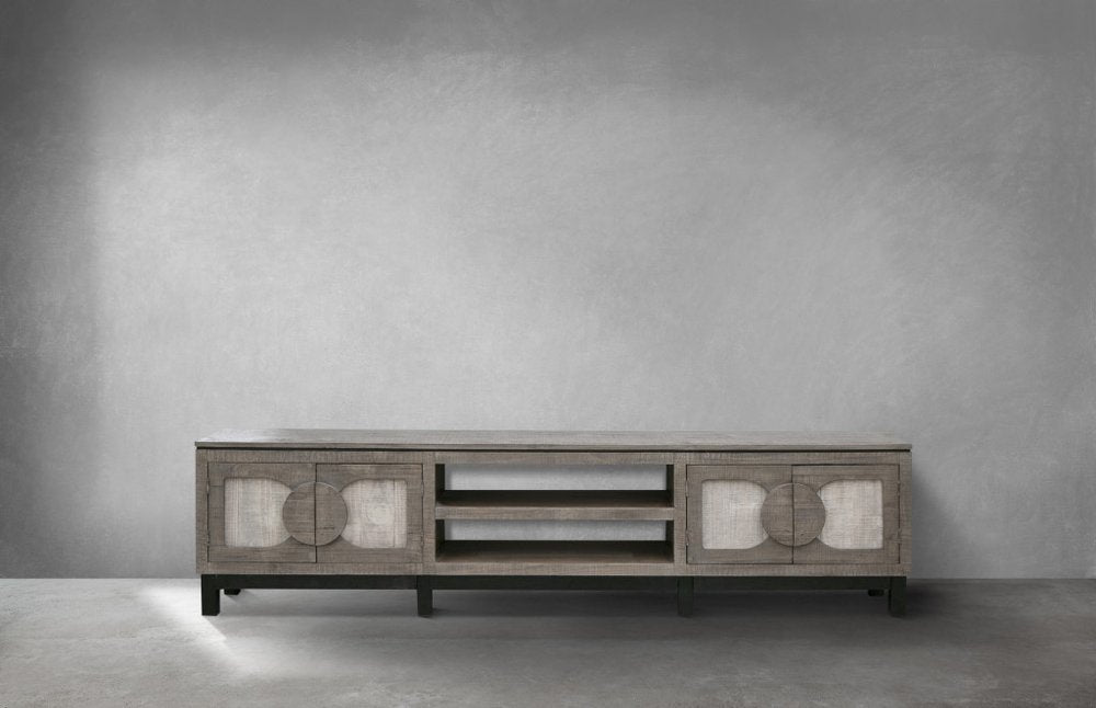 93" Gray Solid Wood Cabinet Enclosed Storage Distressed TV Stand HomeRoots