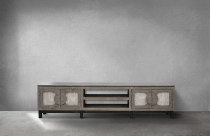93" Gray Solid Wood Cabinet Enclosed Storage Distressed TV Stand HomeRoots