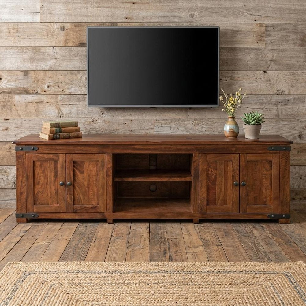 93" Brown Solid Wood Cabinet Enclosed Storage Distressed TV Stand HomeRoots