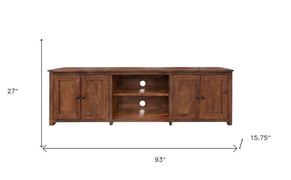 93" Brown Solid Wood Cabinet Enclosed Storage Distressed TV Stand — view 3