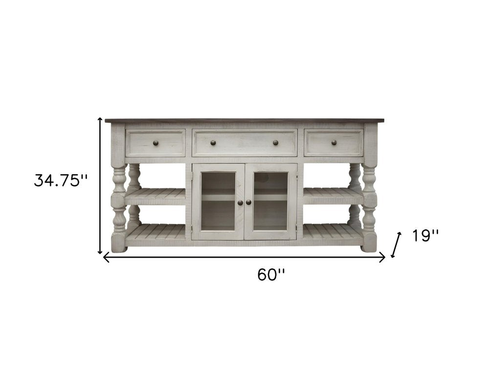 60" Ivory Solid Wood Open shelving Distressed TV Stand HomeRoots