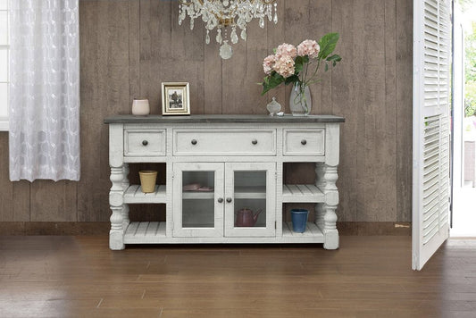 60" Ivory Solid Wood Open shelving Distressed TV Stand HomeRoots