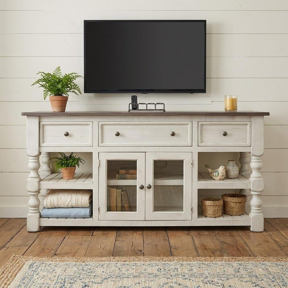 60" Ivory Solid Wood Open shelving Distressed TV Stand HomeRoots