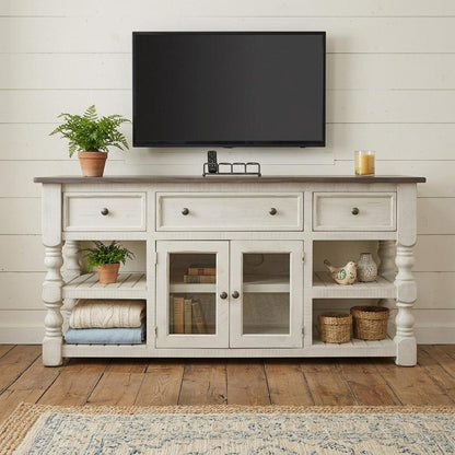 60" Ivory Solid Wood Open shelving Distressed TV Stand HomeRoots