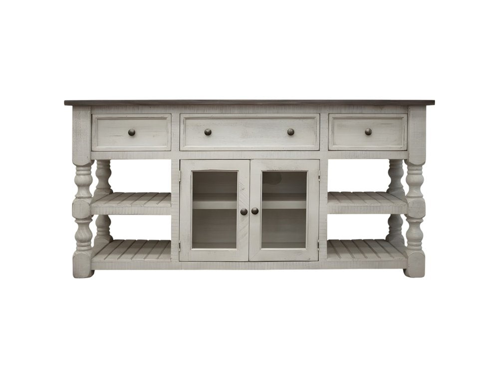 60" Ivory Solid Wood Open shelving Distressed TV Stand HomeRoots