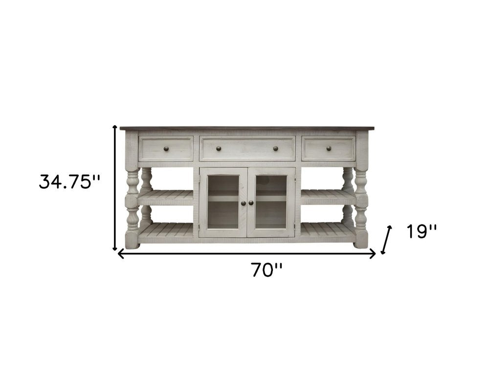 70" Ivory Solid Wood Open shelving Distressed TV Stand HomeRoots