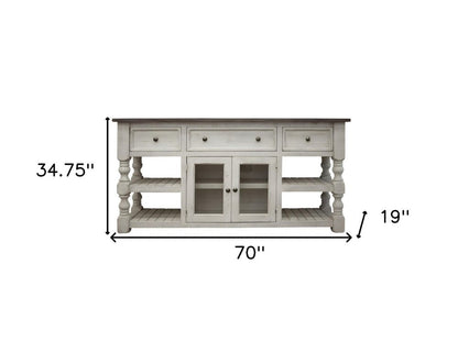 70" Ivory Solid Wood Open shelving Distressed TV Stand HomeRoots
