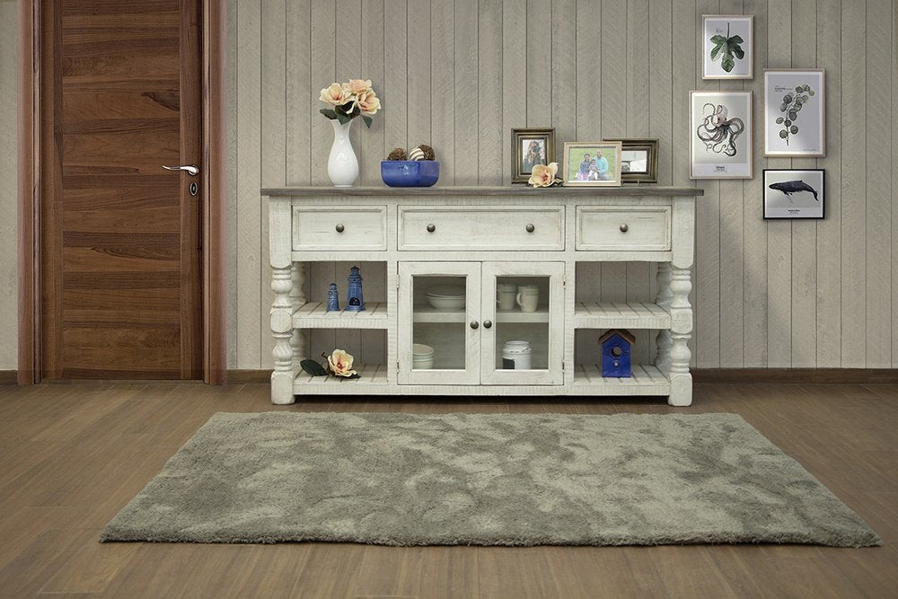 70" Ivory Solid Wood Open shelving Distressed TV Stand HomeRoots