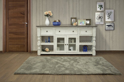 70" Ivory Solid Wood Open shelving Distressed TV Stand HomeRoots