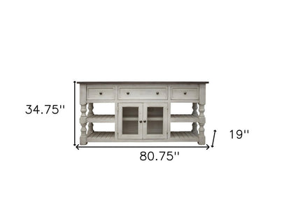 81" Ivory Solid Wood Open shelving Distressed TV Stand HomeRoots