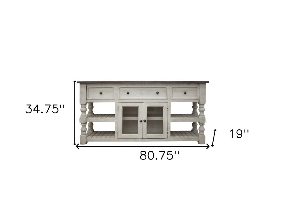 81" Ivory Solid Wood Open shelving Distressed TV Stand — view 3