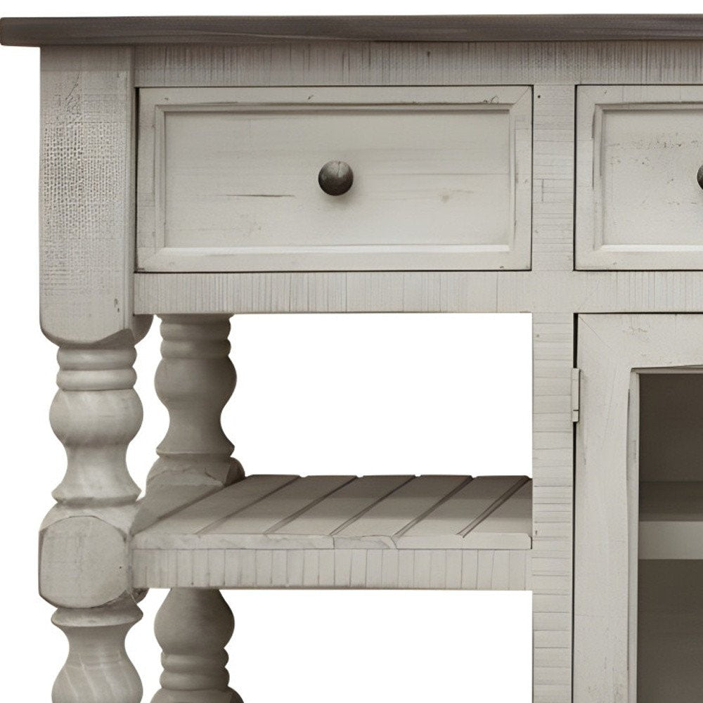 81" Ivory Solid Wood Open shelving Distressed TV Stand — view 1