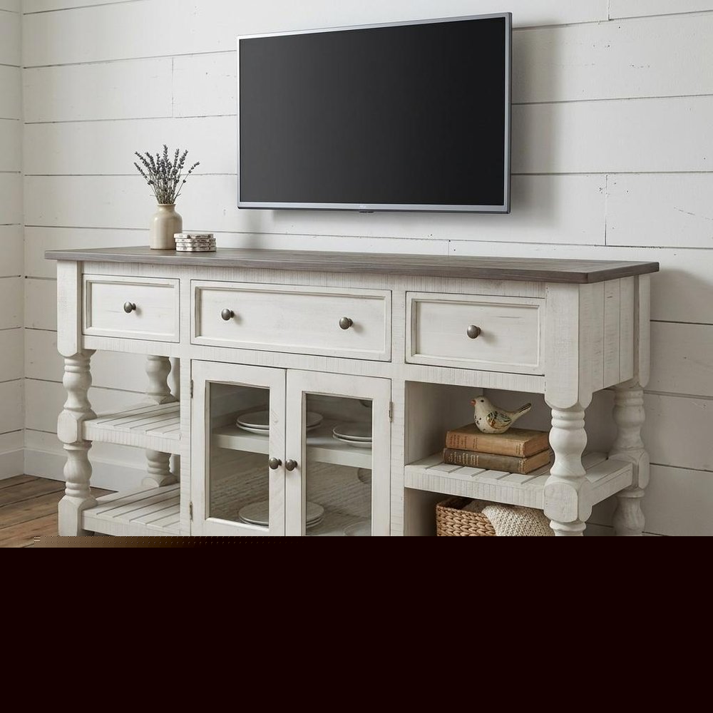 81" Ivory Solid Wood Open shelving Distressed TV Stand HomeRoots