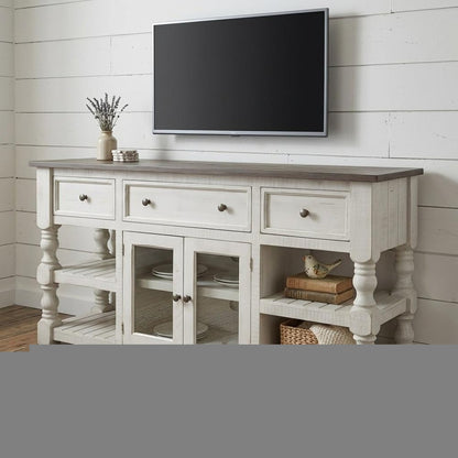 81" Ivory Solid Wood Open shelving Distressed TV Stand HomeRoots