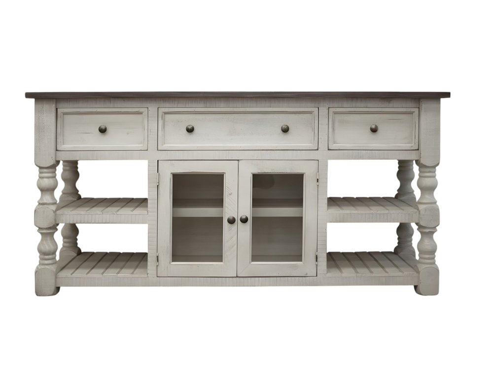 81" Ivory Solid Wood Open shelving Distressed TV Stand — view 2