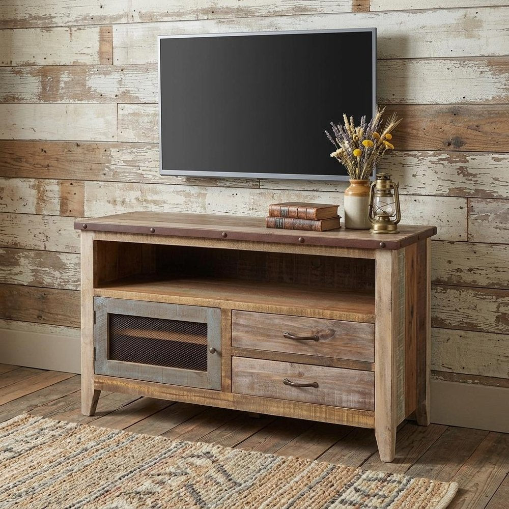 53" Brown Solid Wood Cabinet Enclosed Storage Distressed TV Stand HomeRoots