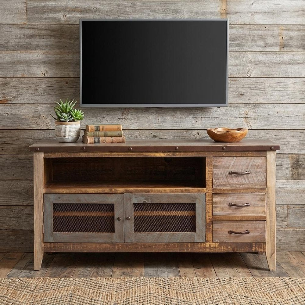 61" Brown Solid Wood Cabinet Enclosed Storage Distressed TV Stand HomeRoots