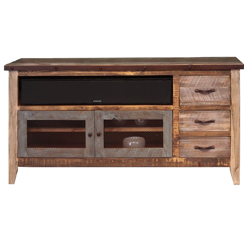 61" Brown Solid Wood Cabinet Enclosed Storage Distressed TV Stand — view 2