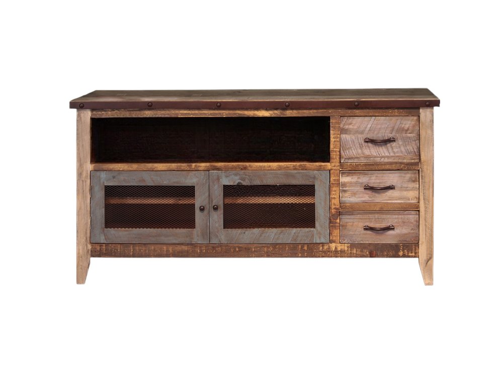 61" Brown Solid Wood Cabinet Enclosed Storage Distressed TV Stand — view 3