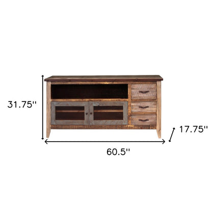 61" Brown Solid Wood Cabinet Enclosed Storage Distressed TV Stand HomeRoots