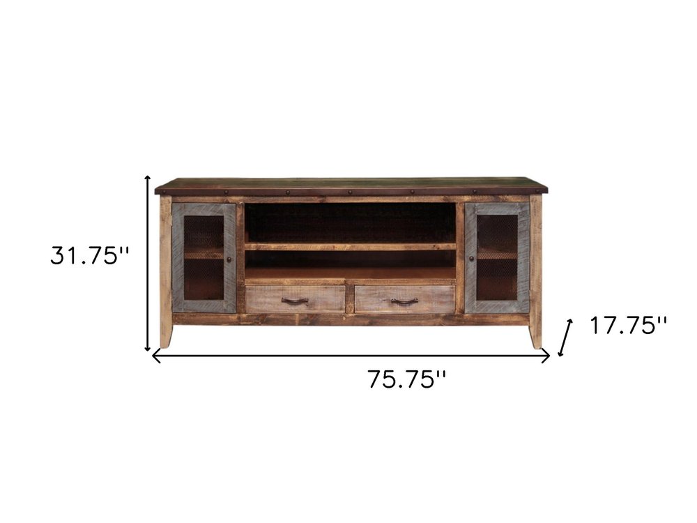76" Brown Solid Wood Cabinet Enclosed Storage Distressed TV Stand — view 2