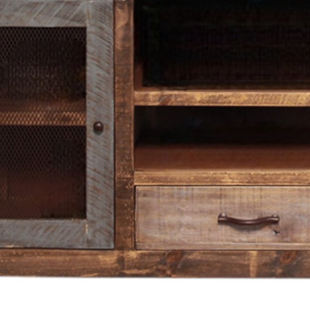 76" Brown Solid Wood Cabinet Enclosed Storage Distressed TV Stand — view 3